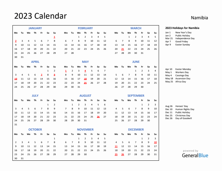 2023 Calendar with Holidays for Namibia