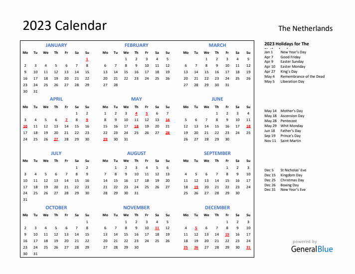 2023 Calendar with Holidays for The Netherlands