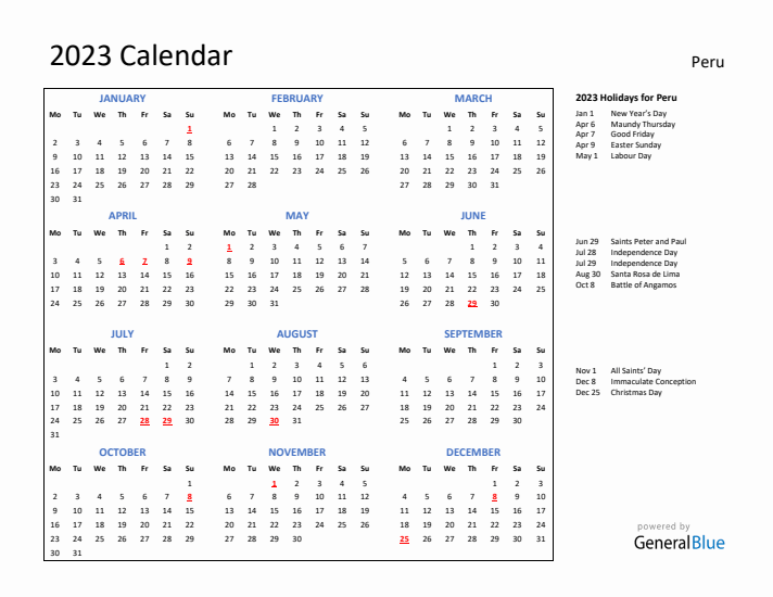 2023 Calendar with Holidays for Peru