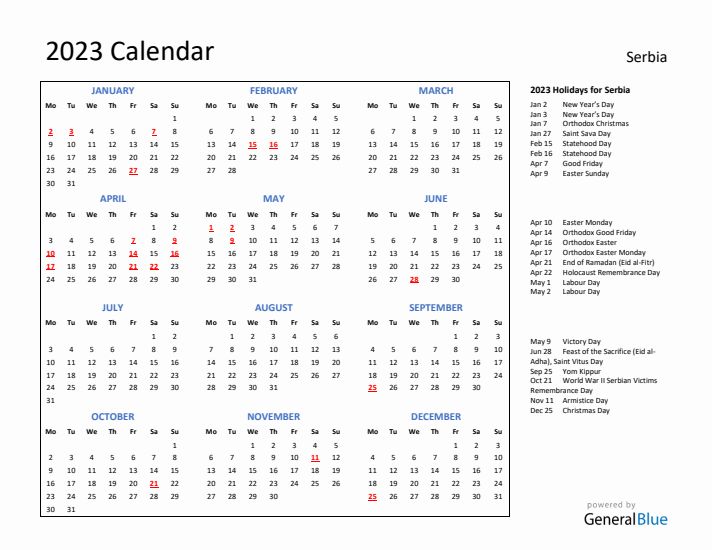 2023 Calendar with Holidays for Serbia