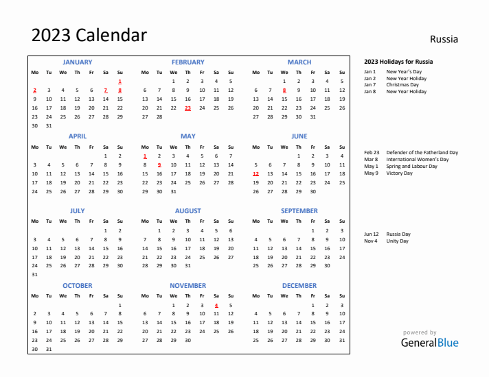 2023 Calendar with Holidays for Russia