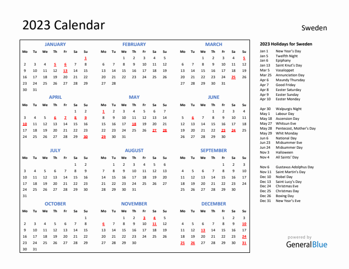 2023 Calendar with Holidays for Sweden