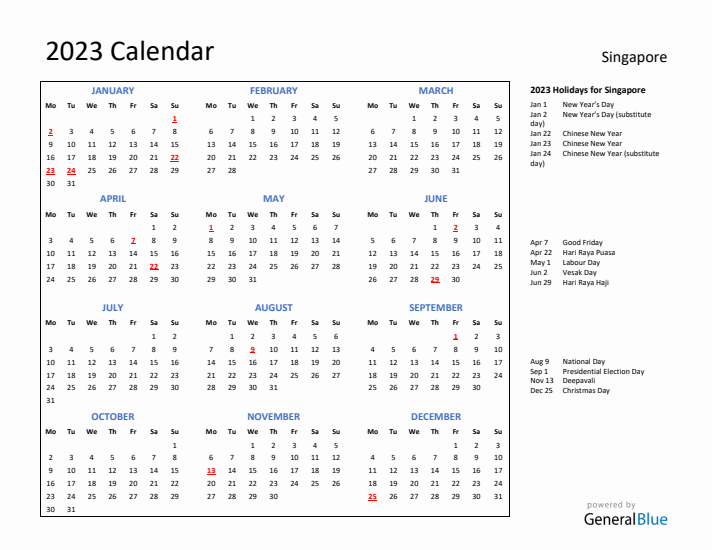 2023 Calendar with Holidays for Singapore