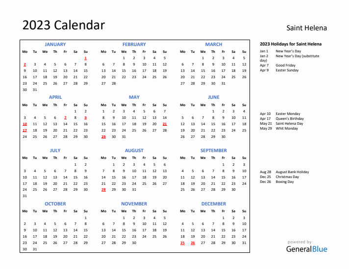 2023 Calendar with Holidays for Saint Helena