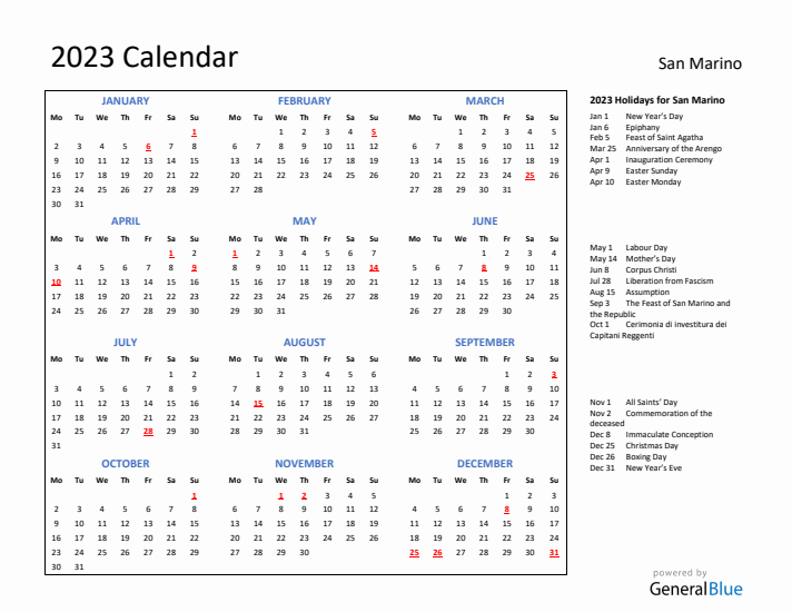 2023 Calendar with Holidays for San Marino