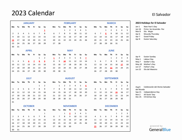 2023 Calendar with Holidays for El Salvador