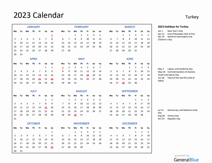 2023 Calendar with Holidays for Turkey