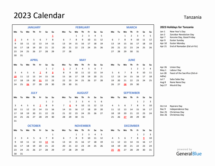 2023 Calendar with Holidays for Tanzania