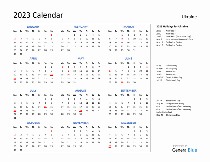 2023 Calendar with Holidays for Ukraine