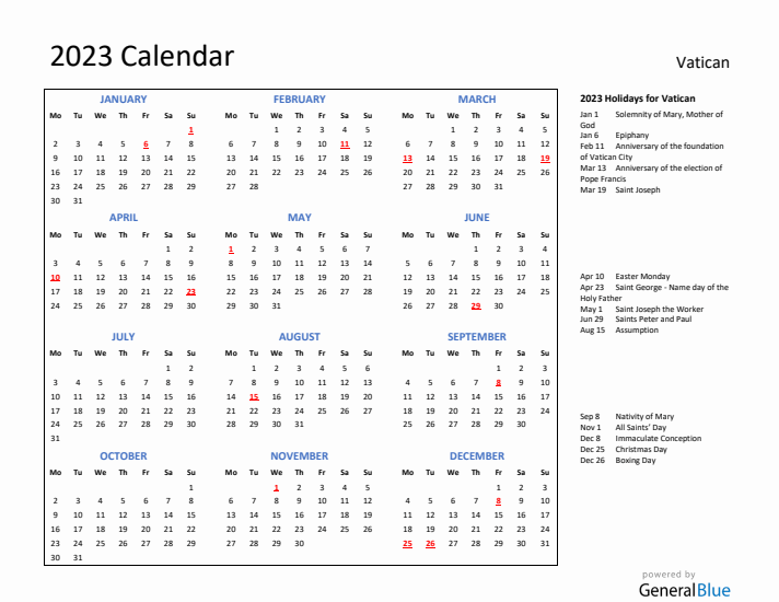 2023 Calendar with Holidays for Vatican