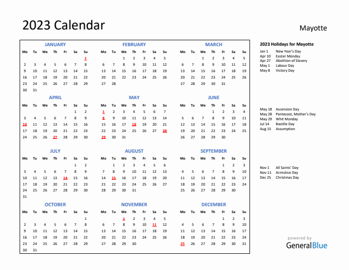 2023 Calendar with Holidays for Mayotte