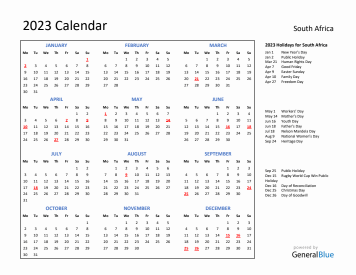 2023 Calendar with Holidays for South Africa