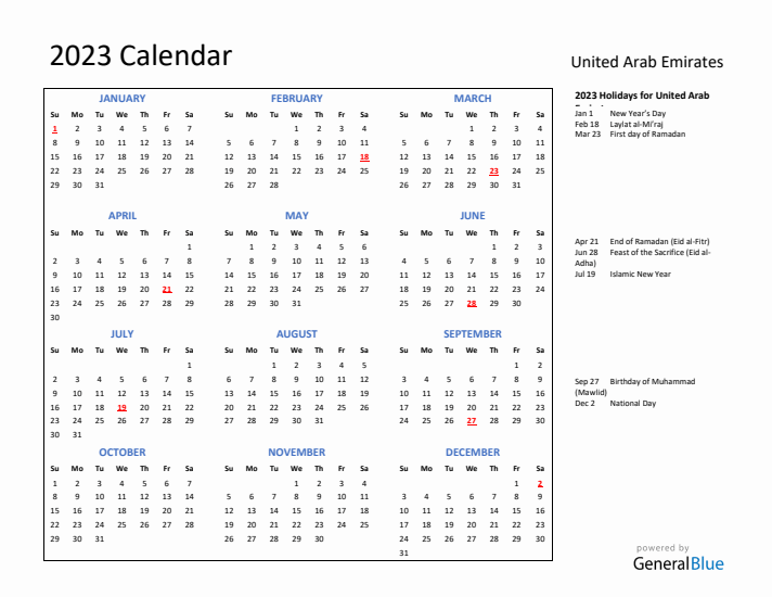 2023 Calendar with Holidays for United Arab Emirates