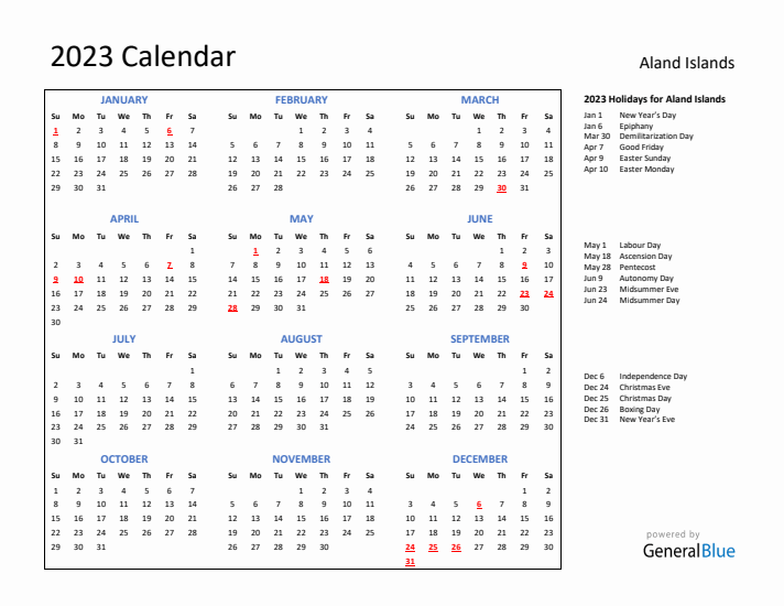 2023 Calendar with Holidays for Aland Islands