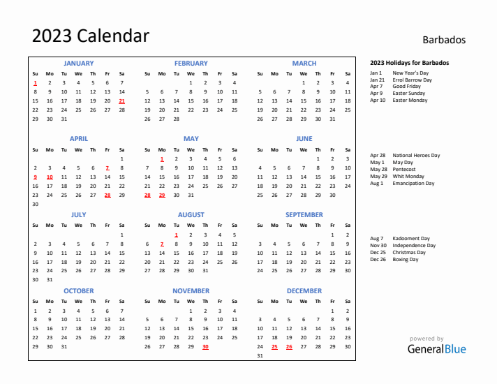 2023 Calendar with Holidays for Barbados