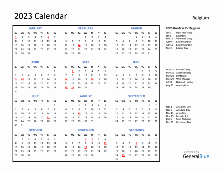 2023 Calendar with Holidays for Belgium