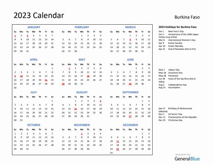 2023 Calendar with Holidays for Burkina Faso