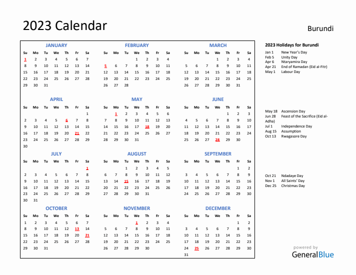 2023 Calendar with Holidays for Burundi