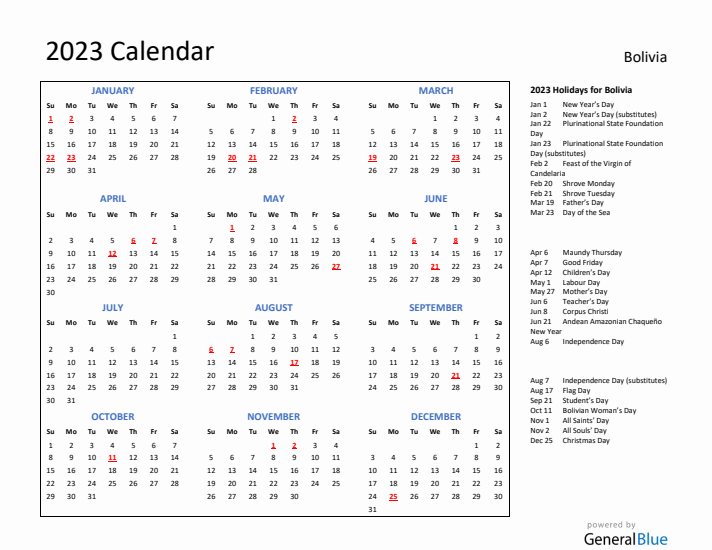 2023 Calendar with Holidays for Bolivia