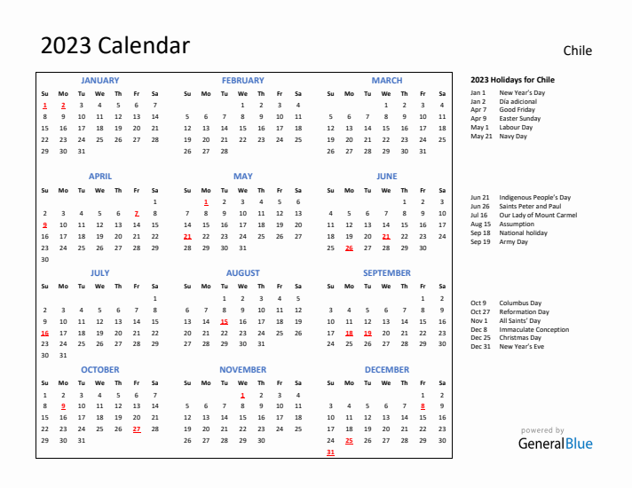 2023 Calendar with Holidays for Chile