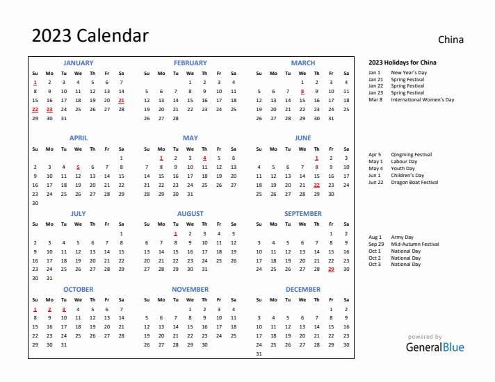 2023 Calendar with Holidays for China