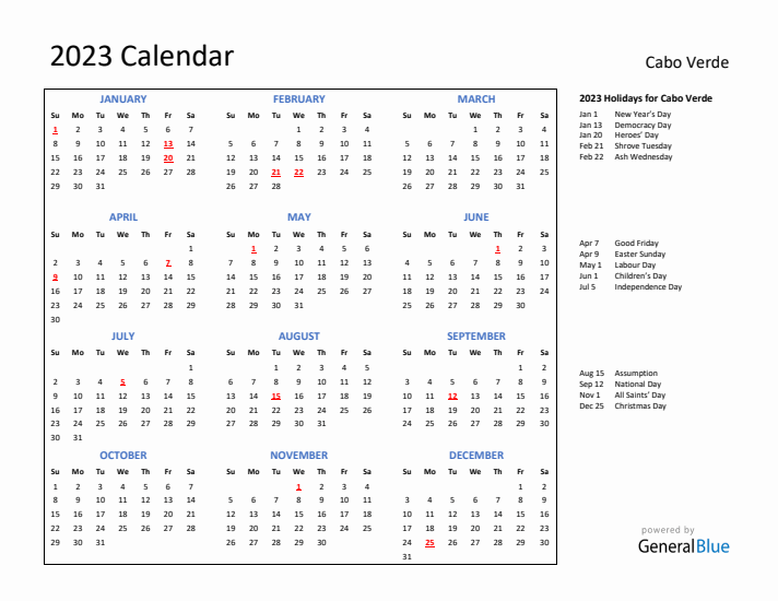 2023 Calendar with Holidays for Cabo Verde