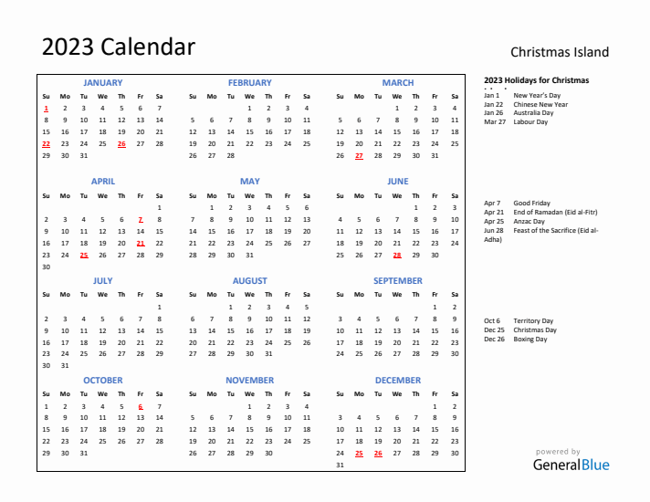 2023 Calendar with Holidays for Christmas Island