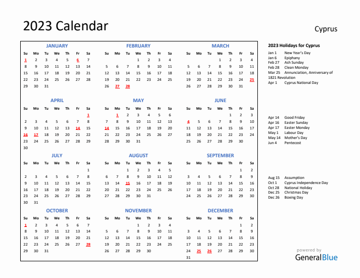 2023 Calendar with Holidays for Cyprus