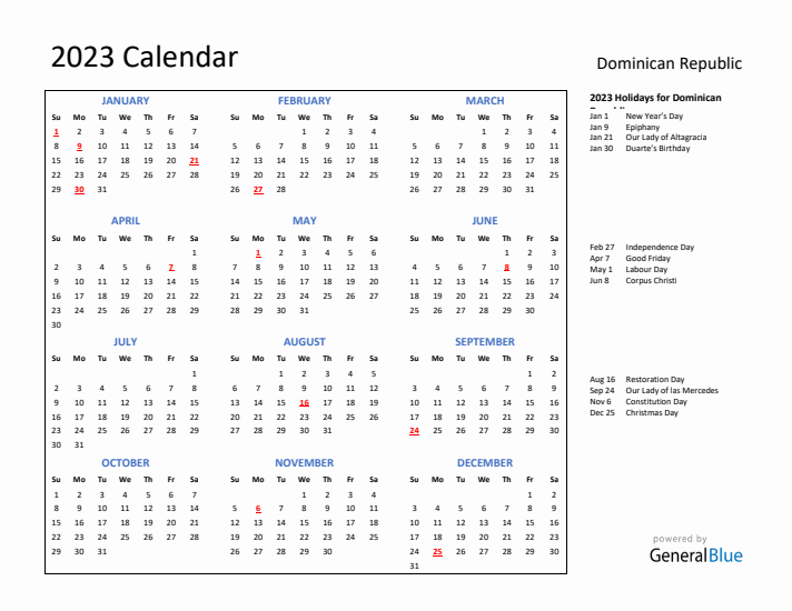 2023 Calendar with Holidays for Dominican Republic