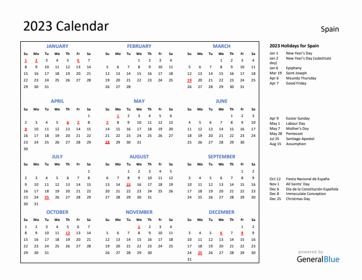 2023 Calendar with Holidays for Spain