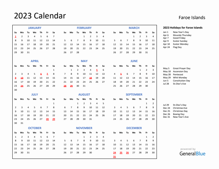 2023 Calendar with Holidays for Faroe Islands