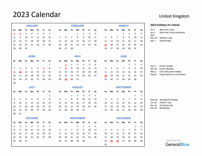 2023 Calendar with Holidays for United Kingdom