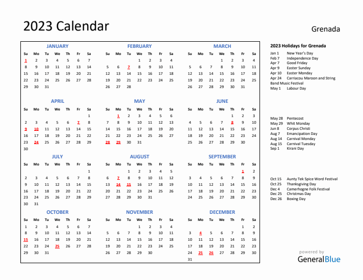 2023 Calendar with Holidays for Grenada