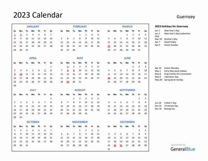 2023 Calendar with Holidays for Guernsey