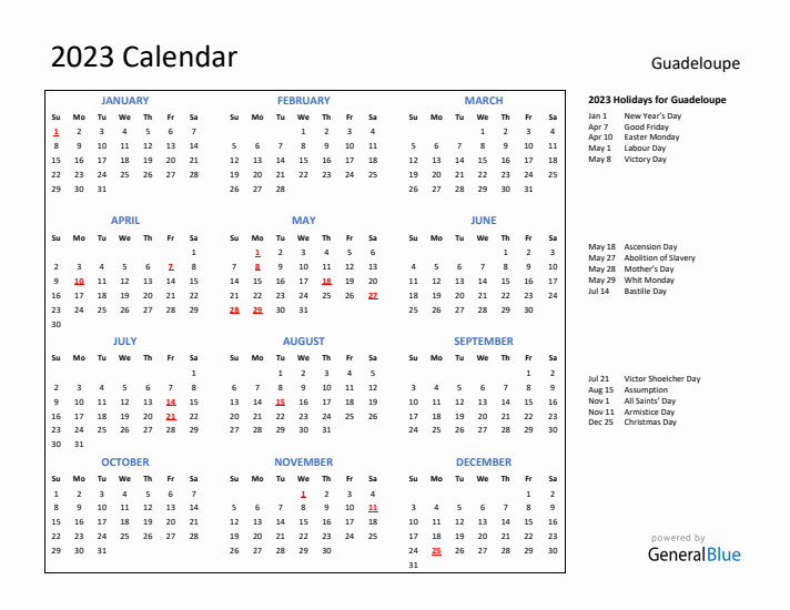 2023 Calendar with Holidays for Guadeloupe