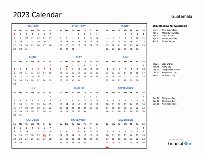 2023 Calendar with Holidays for Guatemala