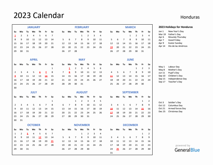 2023 Calendar with Holidays for Honduras