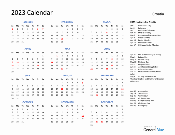 2023 Calendar with Holidays for Croatia