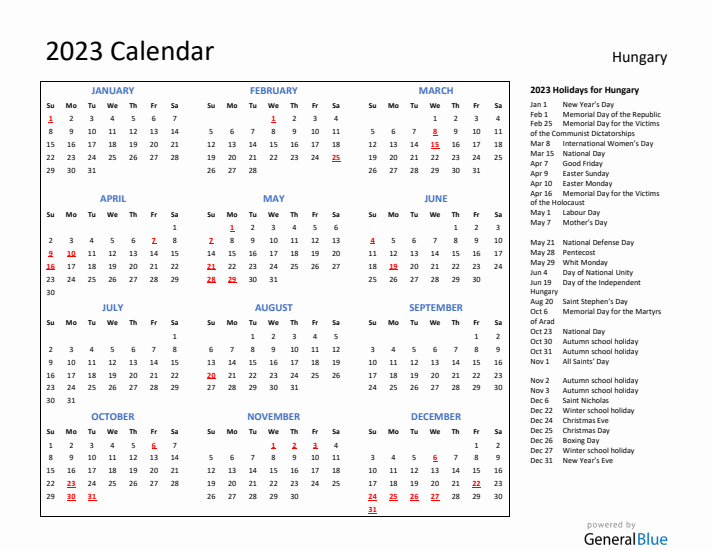 2023 Calendar with Holidays for Hungary