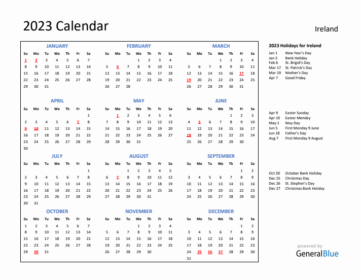 2023 Calendar with Holidays for Ireland