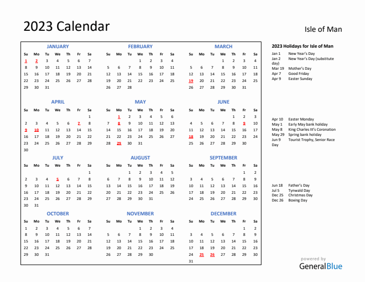 2023 Calendar with Holidays for Isle of Man