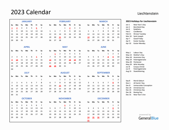 2023 Calendar with Holidays for Liechtenstein