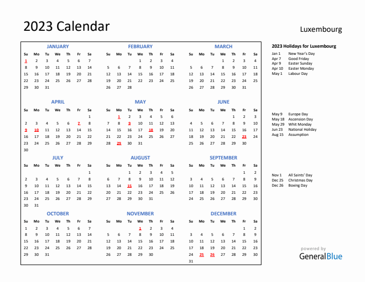 2023 Calendar with Holidays for Luxembourg