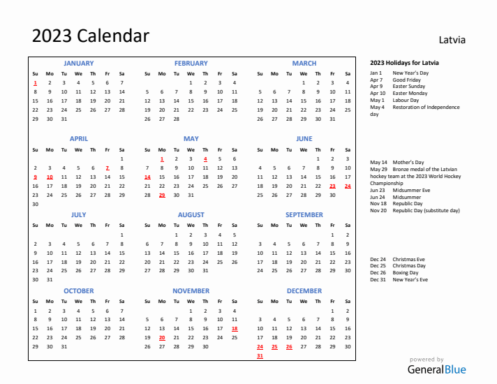 2023 Calendar with Holidays for Latvia