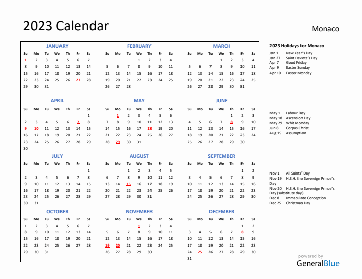 2023 Calendar with Holidays for Monaco