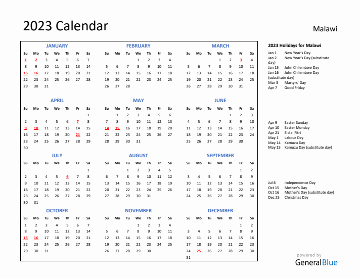 2023 Calendar with Holidays for Malawi