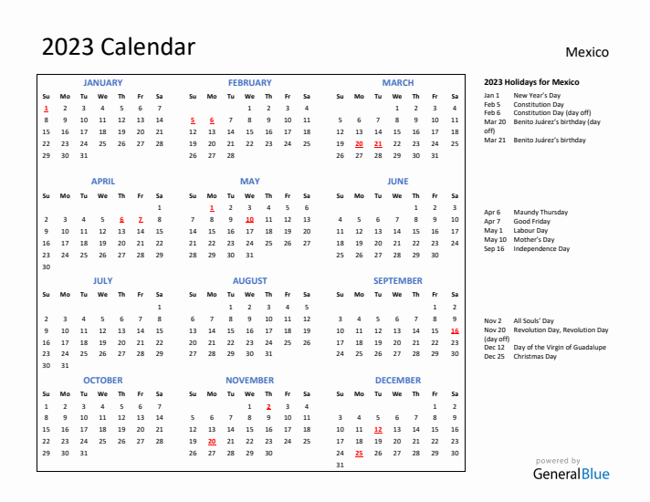 2023 Calendar with Holidays for Mexico