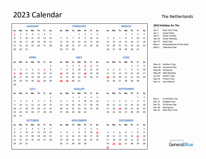 2023 Calendar with Holidays for The Netherlands