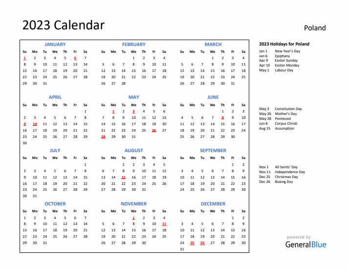 2023 Calendar with Holidays for Poland