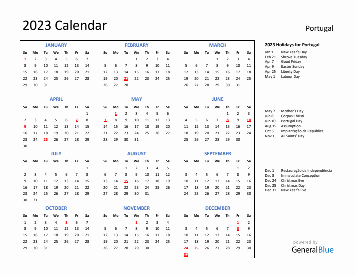 2023 Calendar with Holidays for Portugal